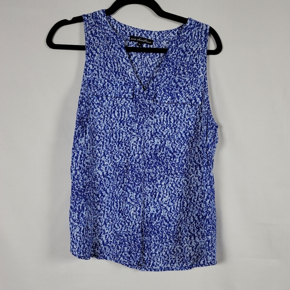 Ava Christine cotton camp shirt style tank top blue and white